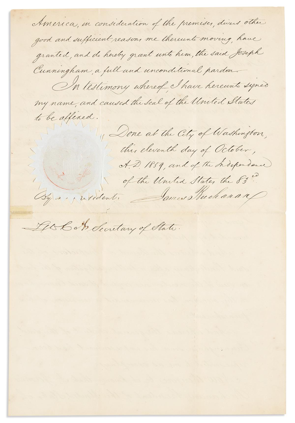 BUCHANAN, JAMES. Document Signed, as President, pardon of Joseph Cunningham.